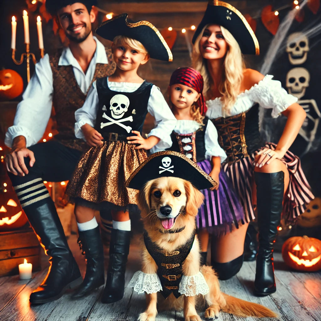 Family of four in pirate costumes with their dog dressed as a pirate at a Halloween party.