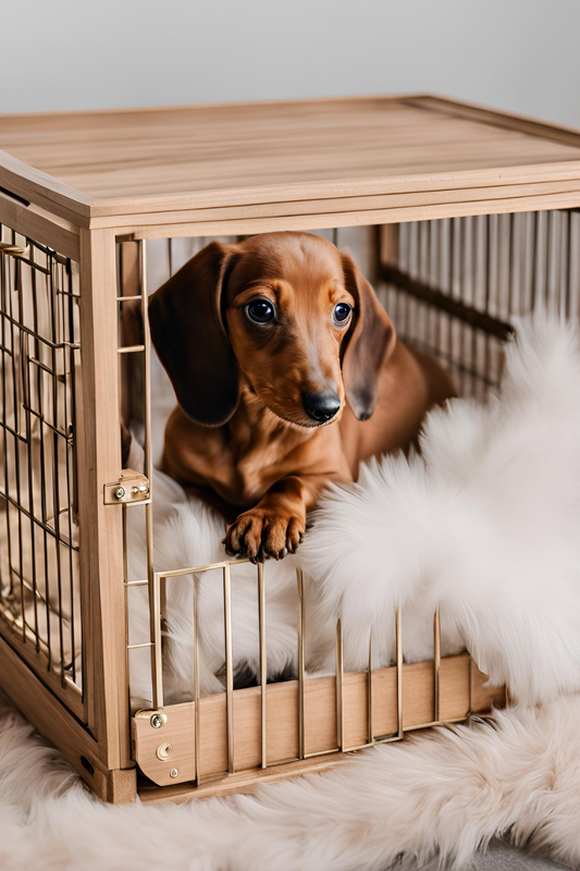 Brown dachshund in a wooden crate laying on a flux fur blanket