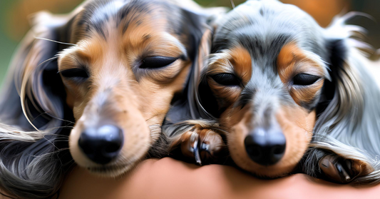 Two sleeping Dachshunds sleeping on a rose colored bed