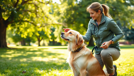 A beautiful blonde women in a blue jacket and cream pants holding a golden retriever by a leash in a park setting with trees