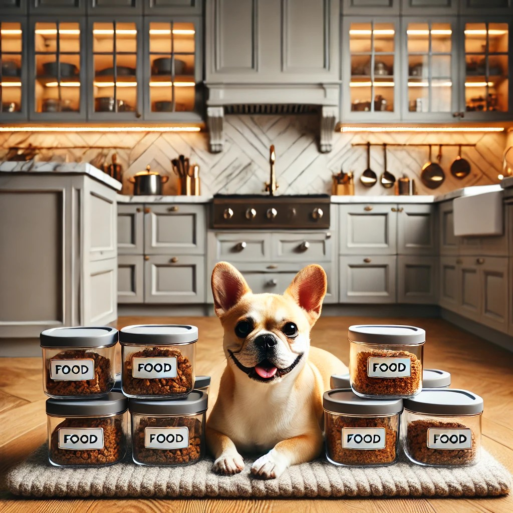 a small bull dog in a kitchen surrounded by jars with the word food on it