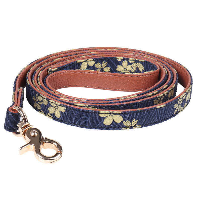Floral Corduroy and Leather Bow Tie and Bandana Leash Set IN blue