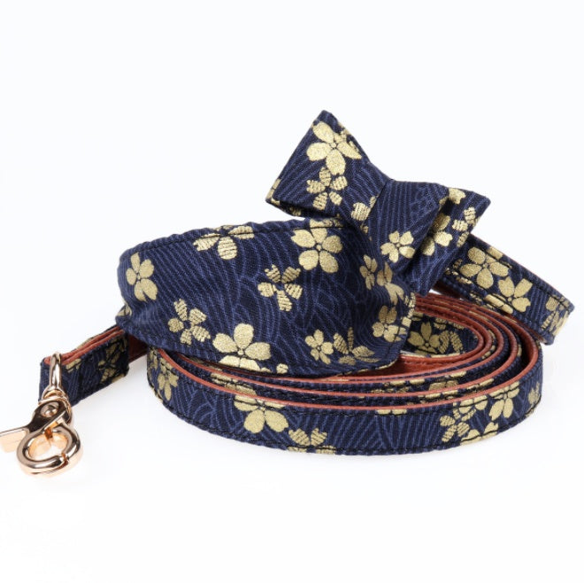 Floral Corduroy and Leather Bow Tie and Bandana Leash Set IN blue