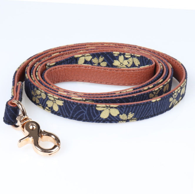 Floral Corduroy and Leather Bow Tie and Bandana Leash Set IN blue