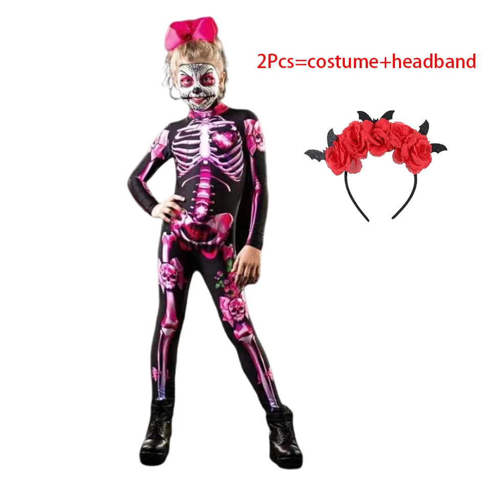 Kids Girls Skeleton Halloween Costume in Red Roses and Pink Bowes 2 pcs Set B sold by Poopy and Poops General Pet Store poppyandpoops.ca