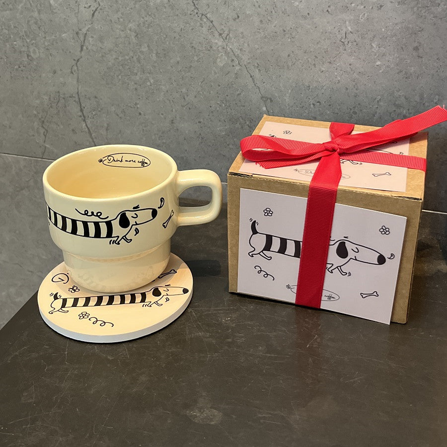Dachshund Dog Coffee Cup Gift Box in Cream and Green