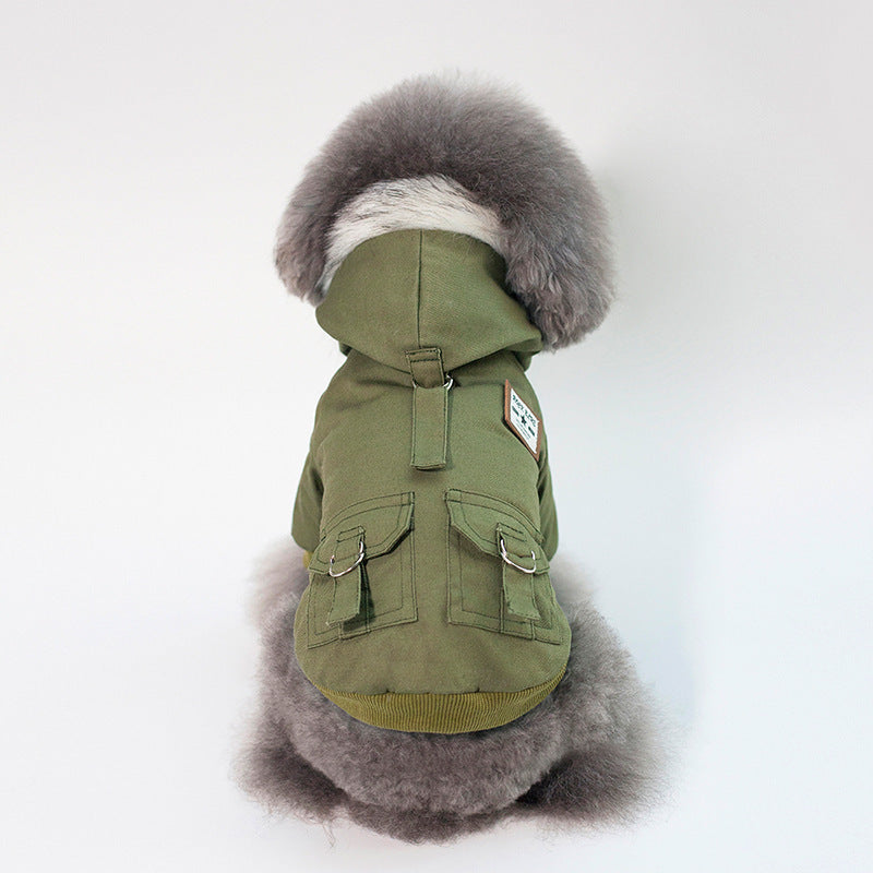 Pet Dog Cotton Winter Cargo Jacket with a Faux Fur Hood in Military Green, Gray, and Khaki