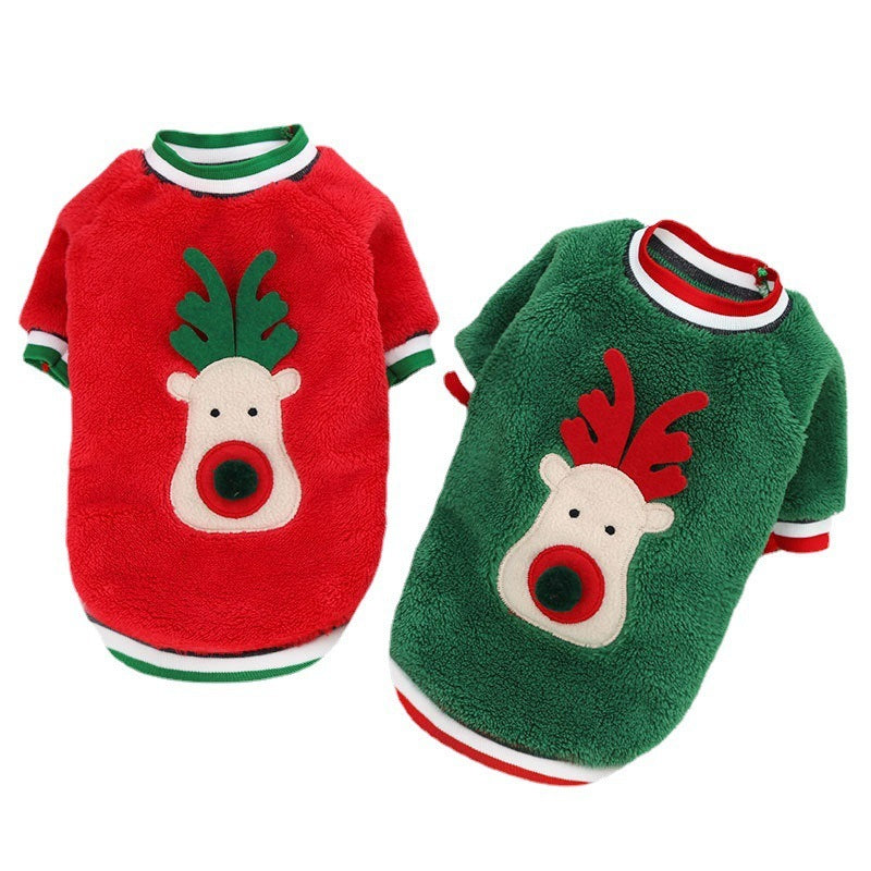 Christmas Pom Nose Reindeer Fleece Dog Sweater in Red and Green