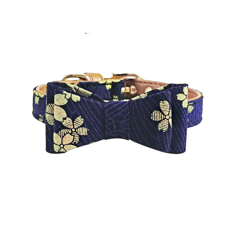 Floral Corduroy and Leather Bow Tie and Bandana Leash Set IN blue