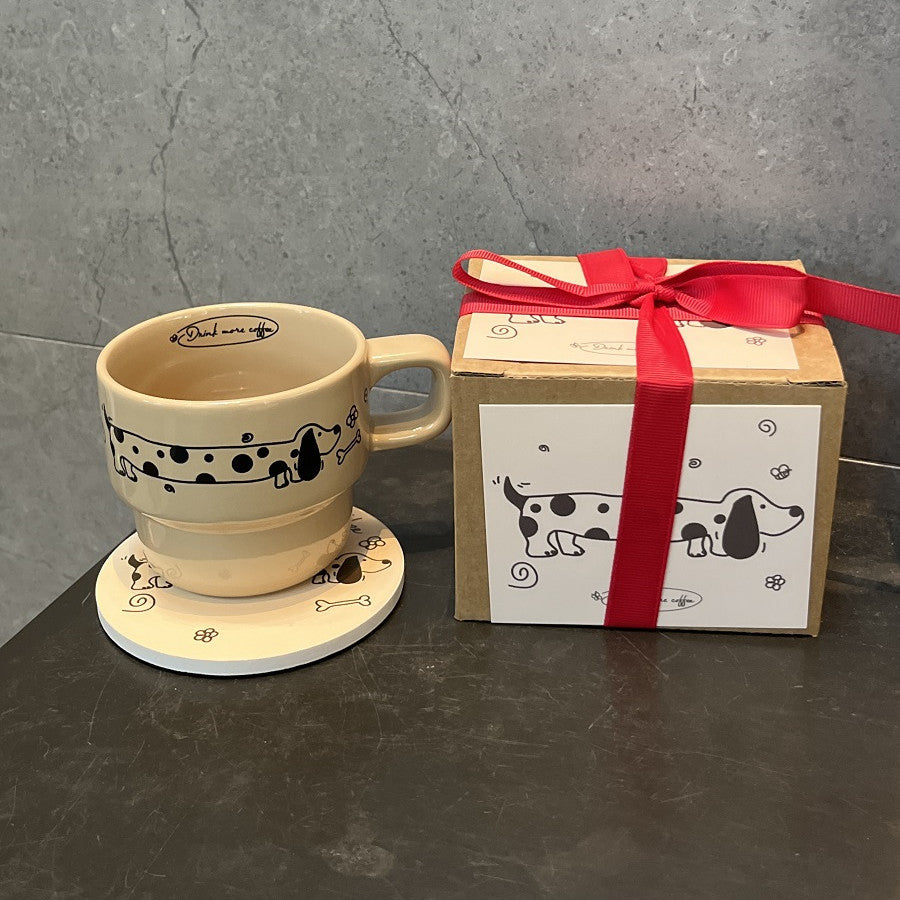 Dachshund Dog Coffee Cup Gift Box in Cream and Green