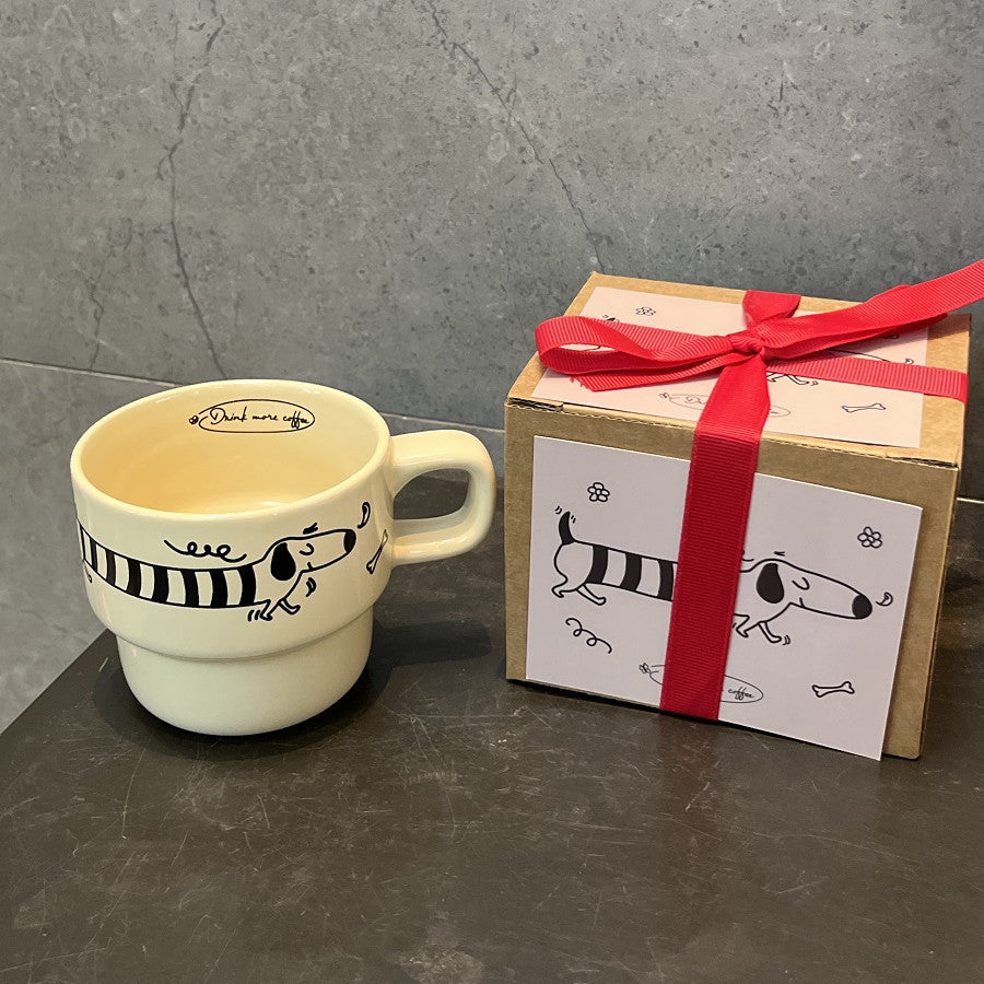 Dachshund Dog Coffee Cup Gift Box in Cream and Green