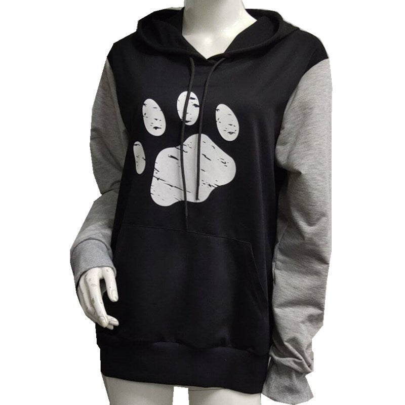 Women's Pawprint Long-sleeved Light Weight Hoodie in Gray Black or Pink