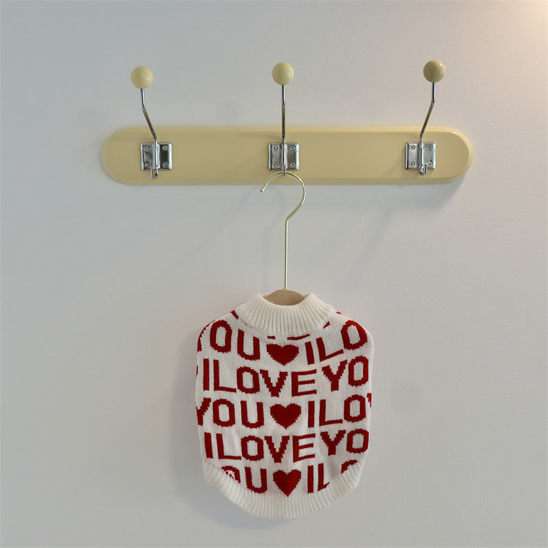 Knitted Wool I love You Sweater Pet Dog Sweater in white with red letters