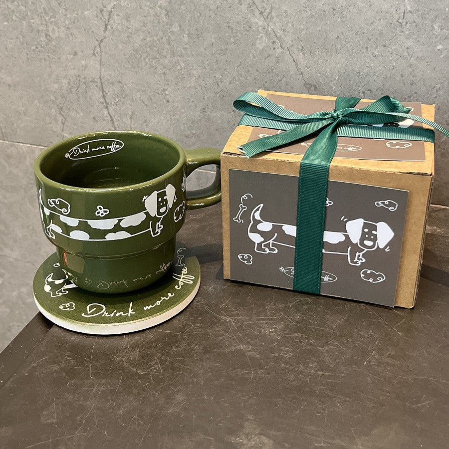 Dachshund Dog Coffee Cup Gift Box in Cream and Green