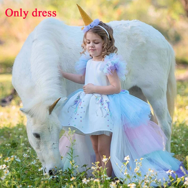 Christmas Fluffy Girl Princess Unicorn Dress Gorgeous Backless Long Tail Wedding Dress Kids Halloween Unicorn Cosplay Costume Only dress sold by Poopy and Poops General Pet Store poppyandpoops.ca