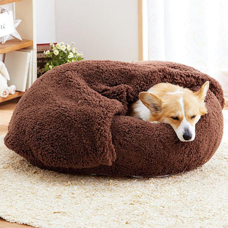 Round Lamb Wool Semi-enclosed Blanket Nesting Dog Bed in Brown