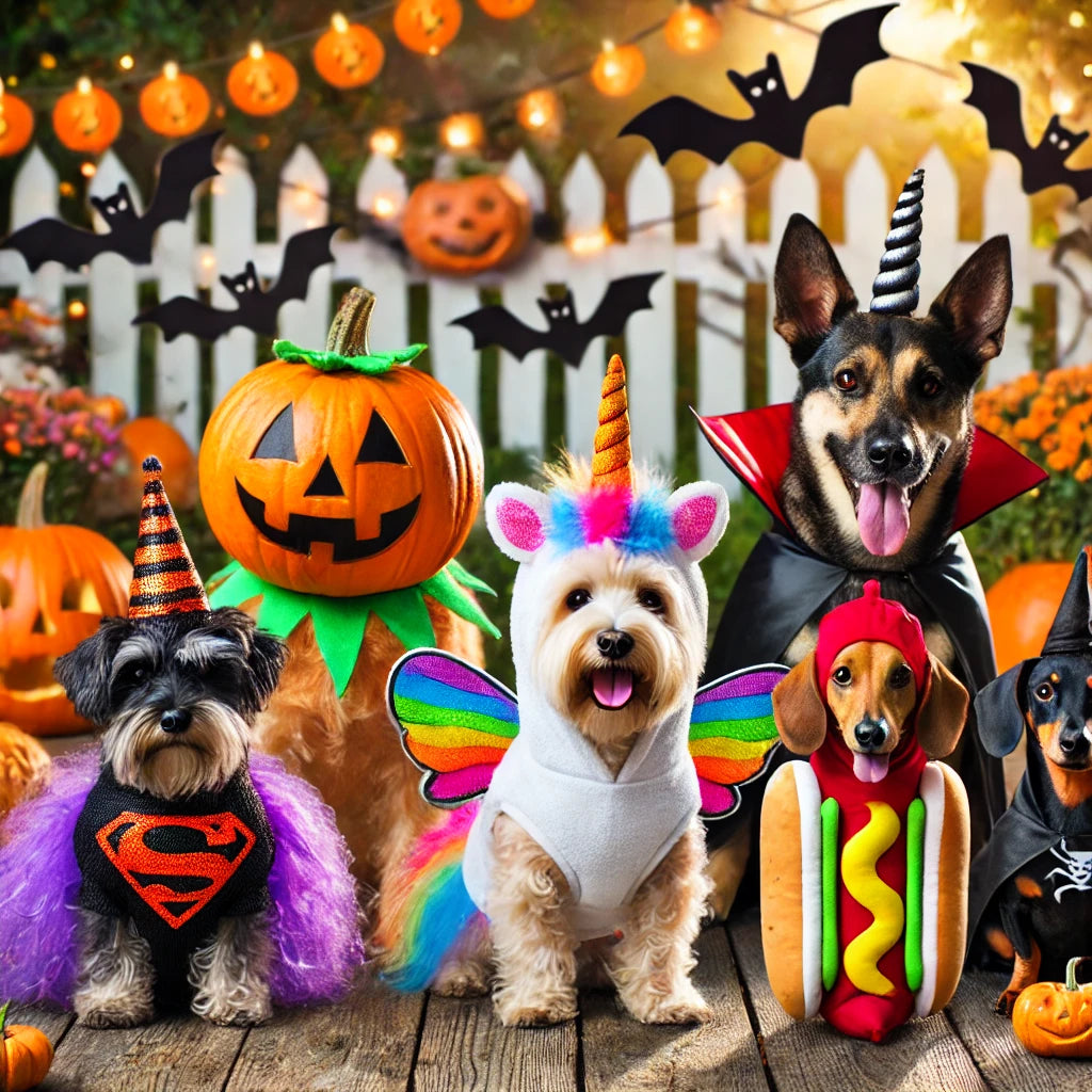 Various dogs in Halloween costumes, including a pumpkin, superhero, unicorn, hot dog, and Dracula, with festive decorations in the background.