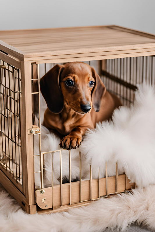 Brown dachshund in a wooden crate laying on a flux fur blanket 