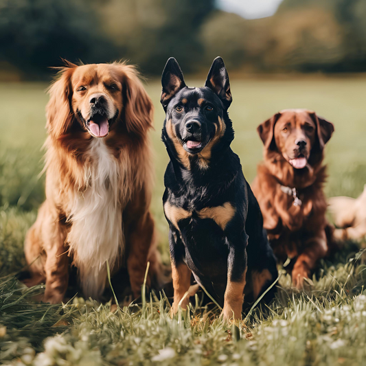 Three Dogs in a grassy field 