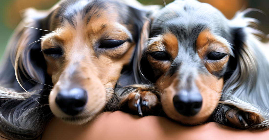 Two sleeping Dachshunds sleeping on a rose colored  bed 