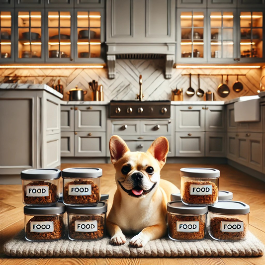 a small bull dog in a kitchen surrounded by jars with the word food on it  