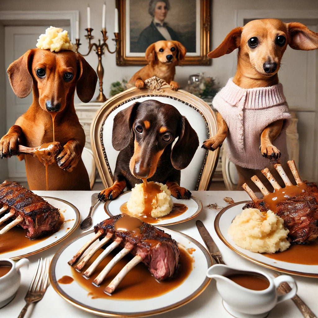 Doggie Meal Time cute dachshunds eating lamb racks and mashed potato's at the dinner table 