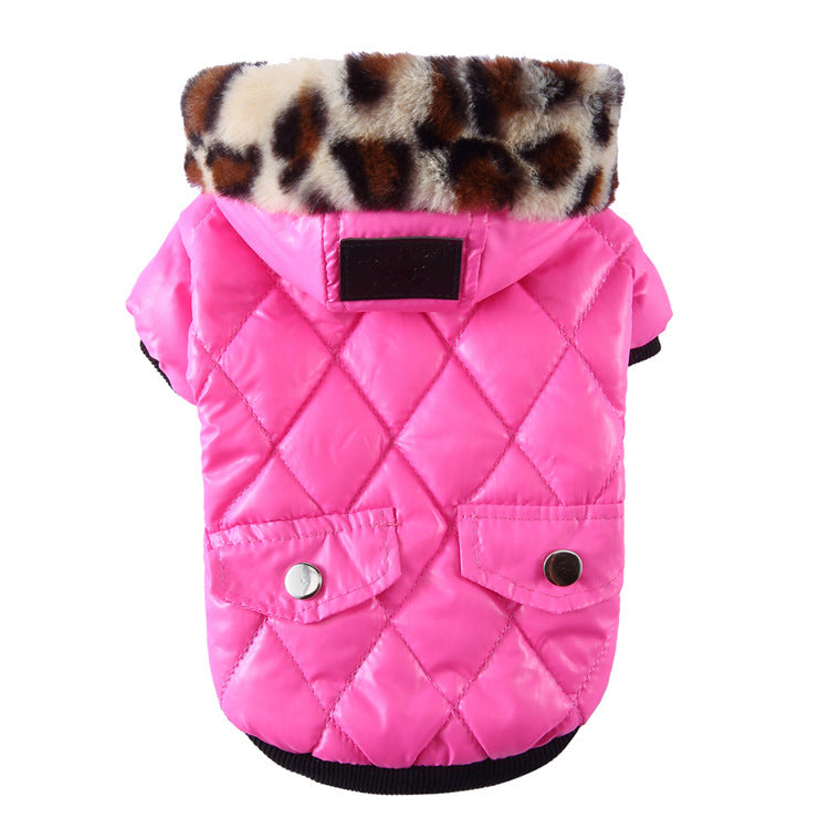 Quilted Winter Dog Jacket with a Cheetah Print Fleece Lined Hood In Pink, Purple Green and Black