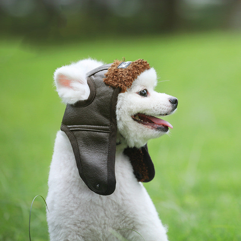 Pet Dog Winter Leather Pilot Motorcycle Bomber Aviator Style Hat in Brown Green and Black