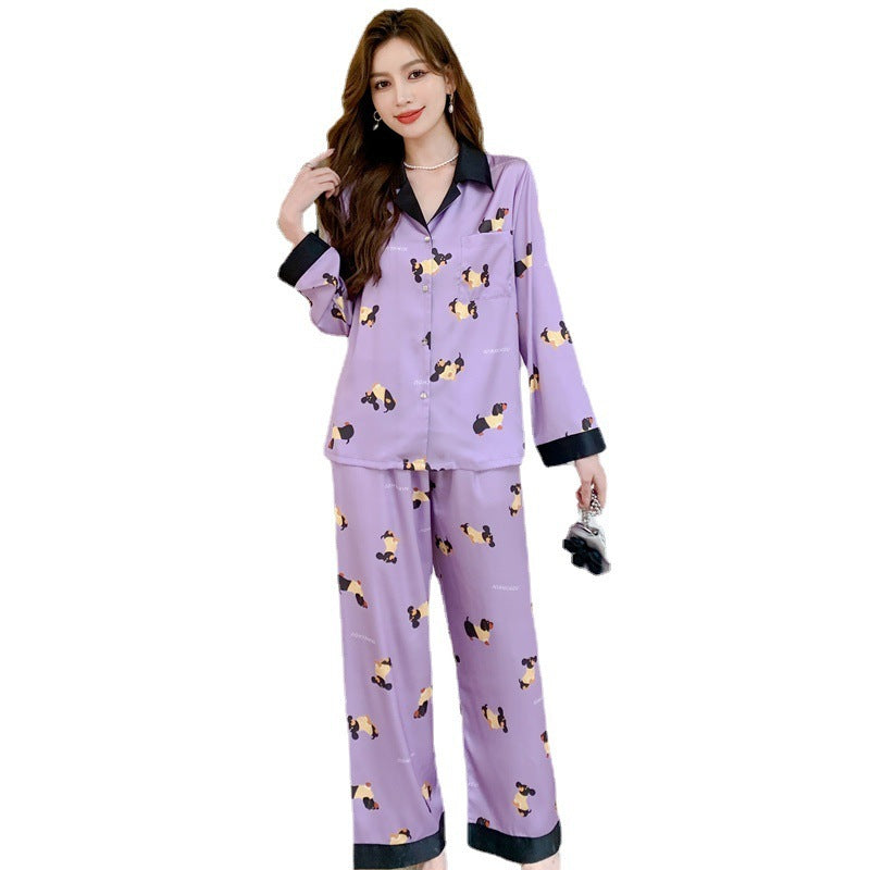 Women's Polyester Dachshund Printing Long Sleeve Pajama Set in Yellow and Purple