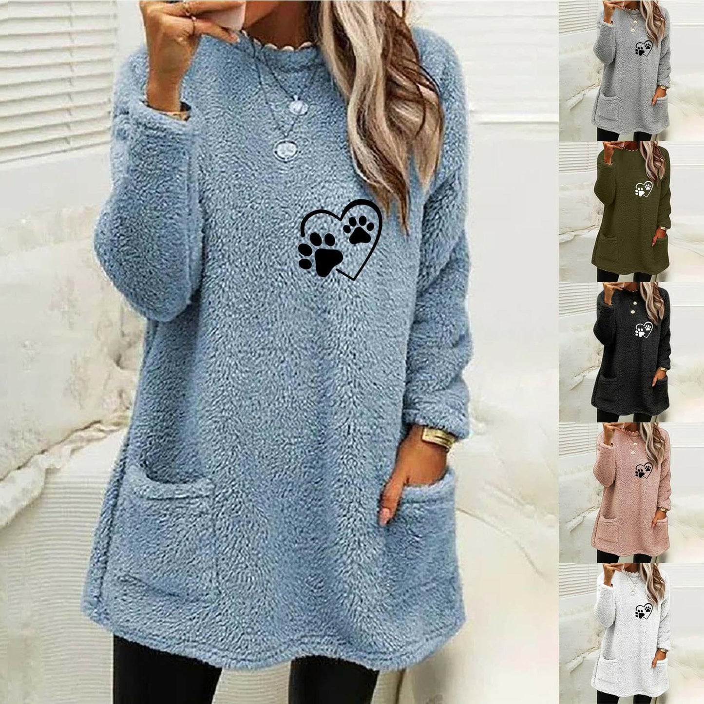 Women's Loose Autumn Long Sleeve Love Pawprint Sweatshirt in Blue Black White Gray Pink and Green