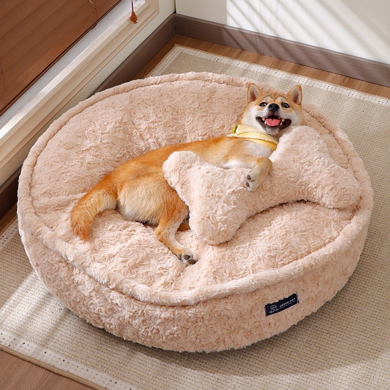 Thick Plush Round Dog Bed with Dog Bone Shaped Pillow in Light Pink Removeable Washable Cover