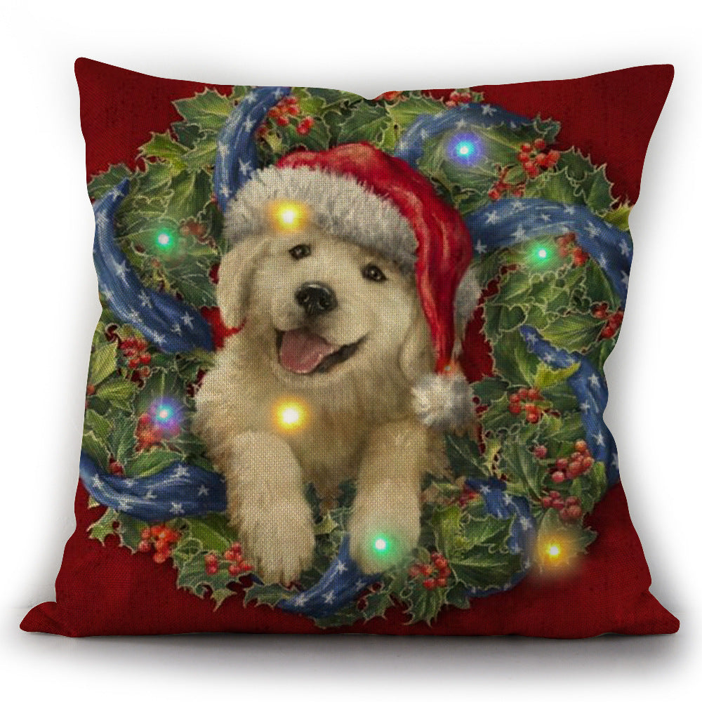 Christmas Cat And Dog LED Bright Light Up Linen Pillow Cover