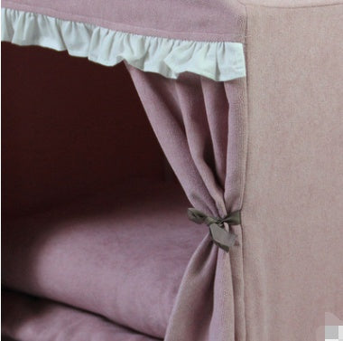 Canopy Dog Bed with Curtains in Pink and Blue