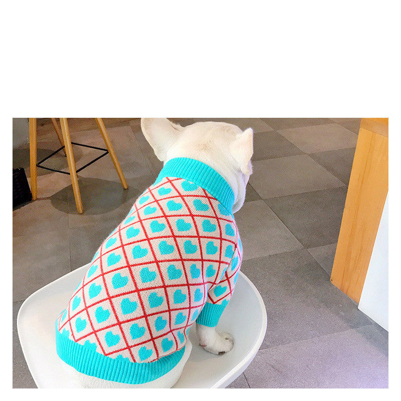 Large Dog Heart Print Knitted Yarn Dog Sweater in Blue