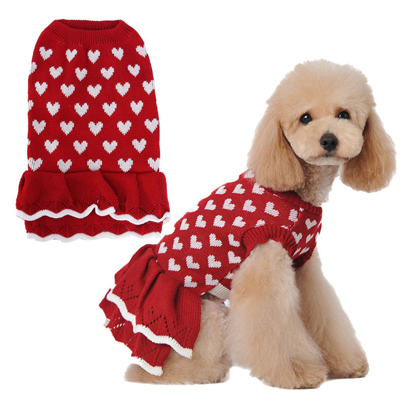 White Heart Print Acrylic Knitted Dog Dresses in Pink and Red