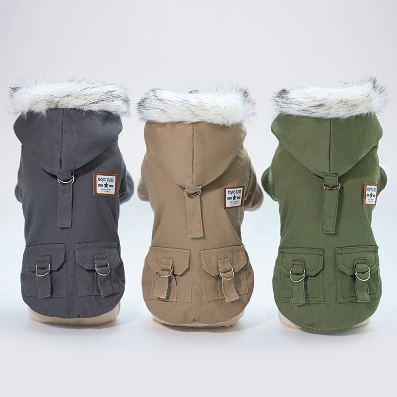 Pet Dog Cotton Winter Cargo Jacket with a Faux Fur Hood in Military Green, Gray, and Khaki