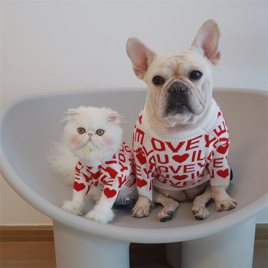 Knitted Wool I love You Sweater Pet Dog Sweater in white with red letters