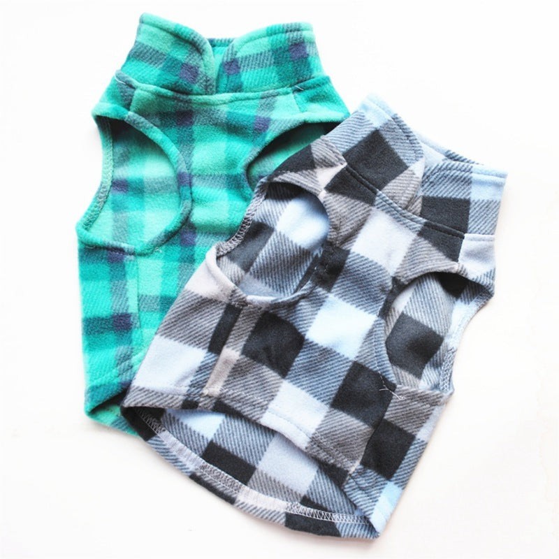 Fleece Plaid Print Pet Dog Vest in Green and Gray Blue