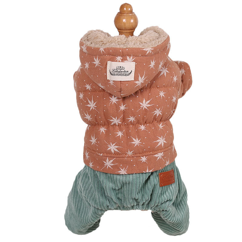 Japanese Maple Leaf Print Dog Snow Suite with Corduroy Pants and a Faux Fur Lined Hood in Pink Khaki and Green