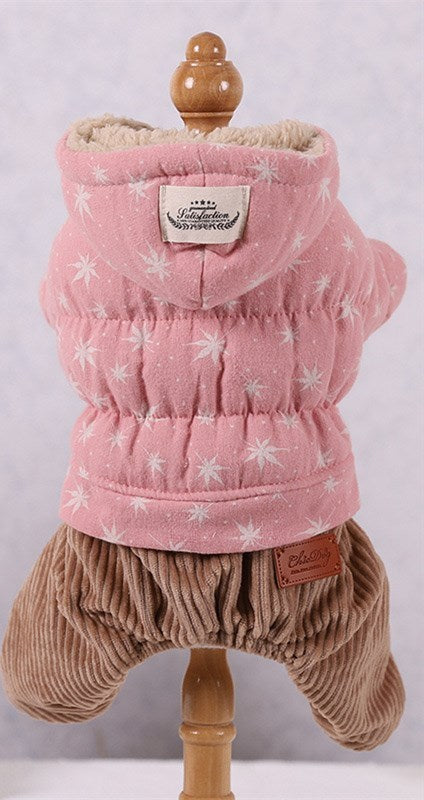 Japanese Maple Leaf Print Dog Snow Suite with Corduroy Pants and a Faux Fur Lined Hood in Pink Khaki and Green