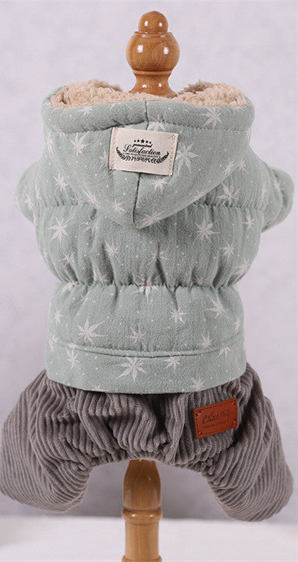 Japanese Maple Leaf Print Dog Snow Suite with Corduroy Pants and a Faux Fur Lined Hood in Pink Khaki and Green