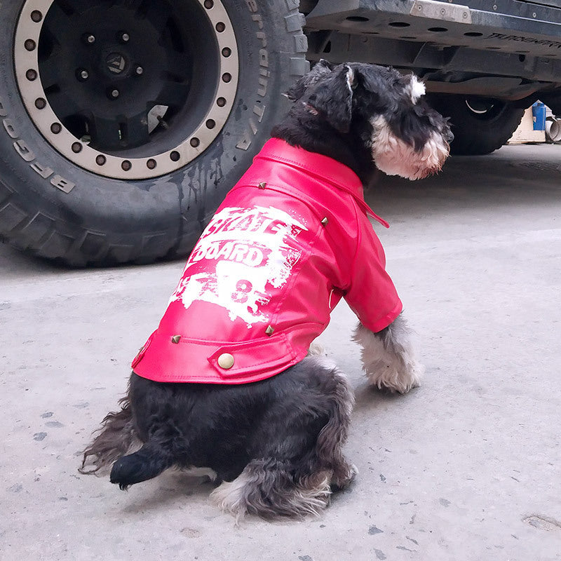 80's Retro Faux Leather Skateboard Dog Jacket in Red and Black