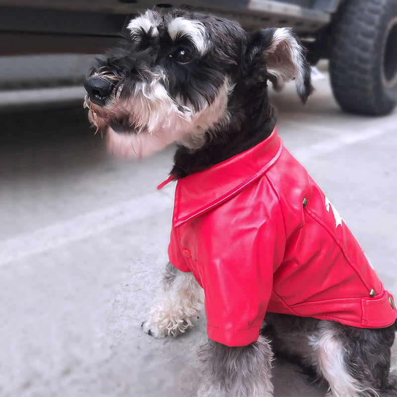 80's Retro Faux Leather Skateboard Dog Jacket in Red and Black