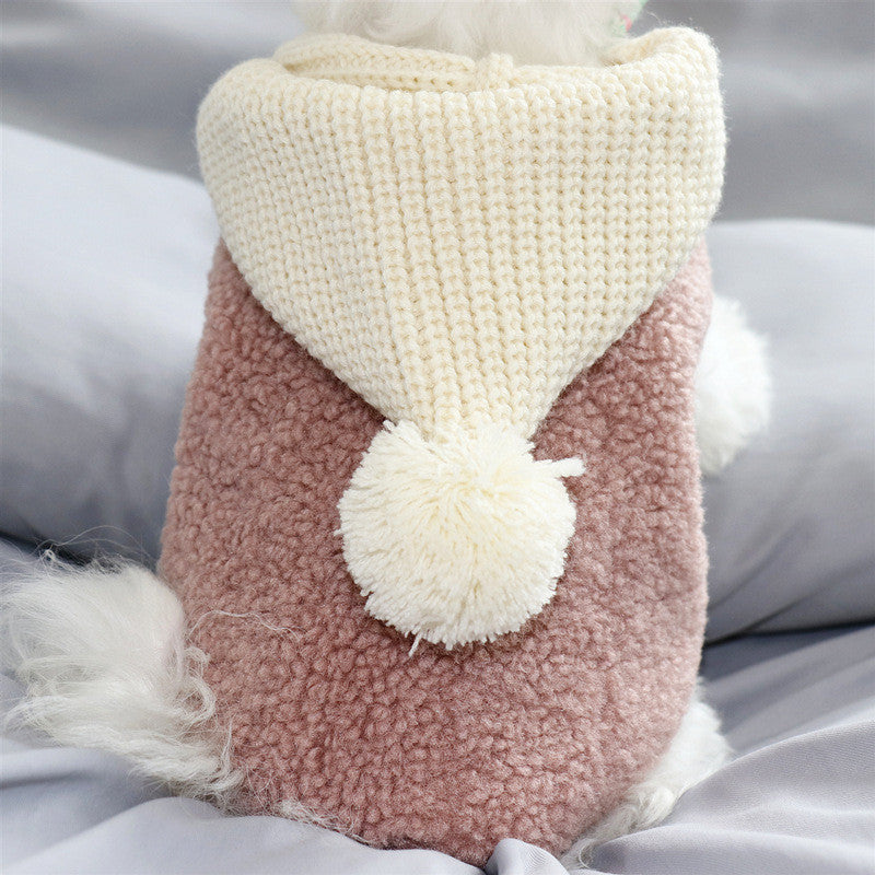 Thicken Warm Teddy Cotton Vest with Knitted Triangle Pom Pom Hood in Brown and Pink