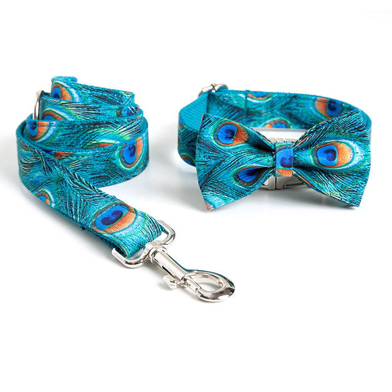 Peacock Feather Print Dog Collar and Leash Set in Blue