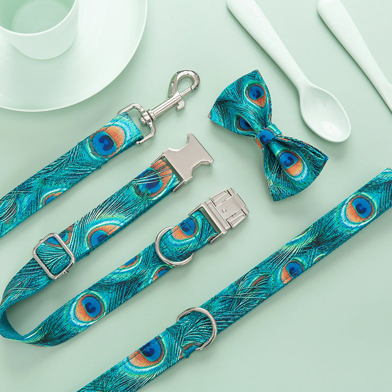 Peacock Feather Print Dog Collar and Leash Set in Blue