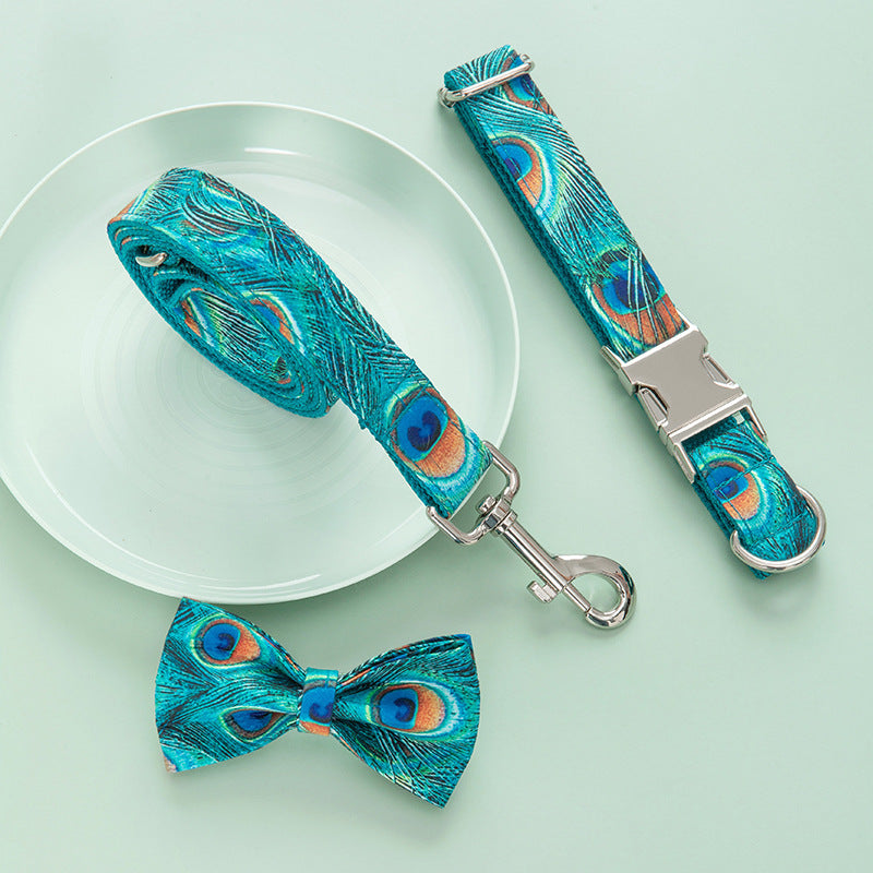 Peacock Feather Print Dog Collar and Leash Set in Blue