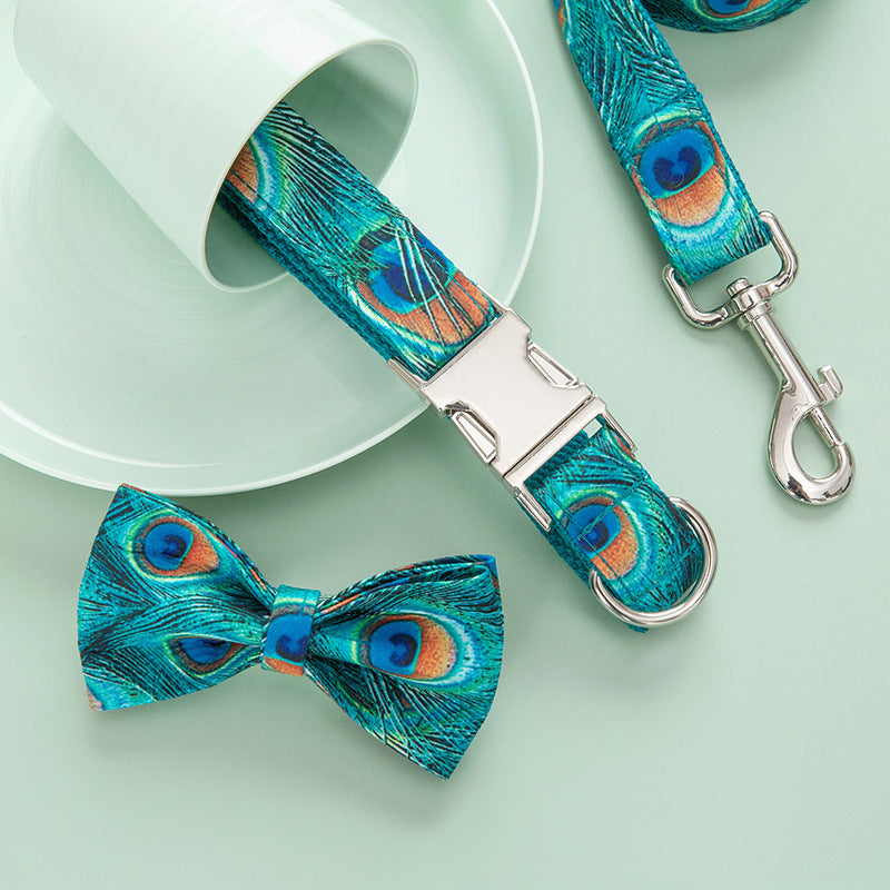 Peacock Feather Print Dog Collar and Leash Set in Blue