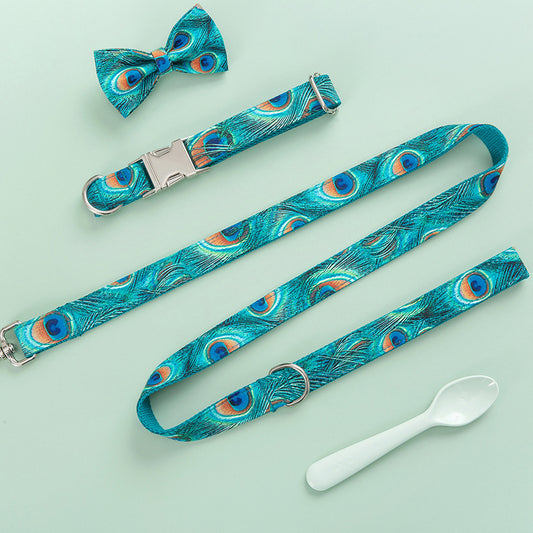 Peacock Feather Print Dog Collar and Leash Set in Blue