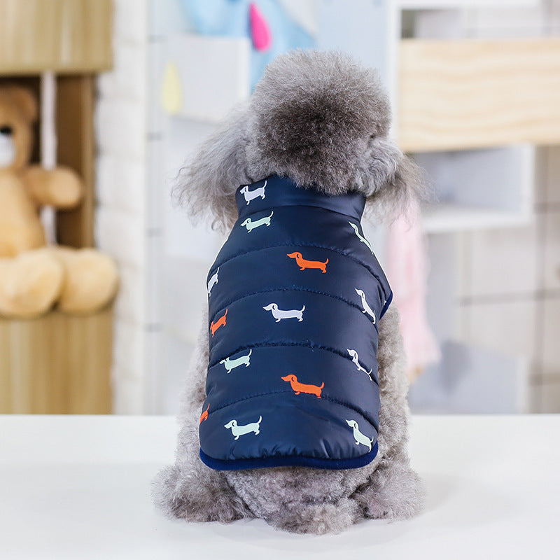 Dachshund Print Winter Dog Puff Vest in Black and Blue